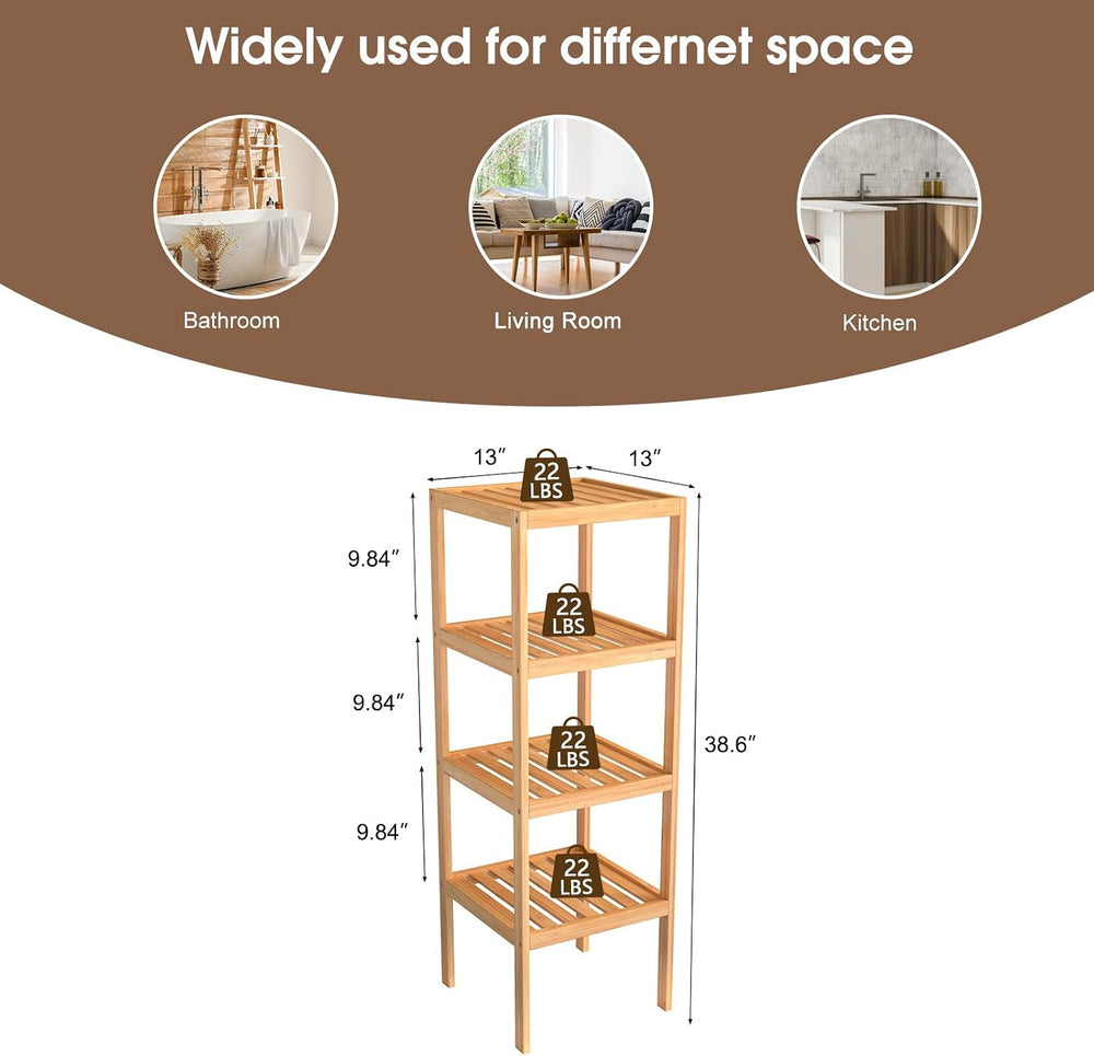 kinbor Bamboo Bathroom Storage Shelf Freestanding, 4 Tier Shelving