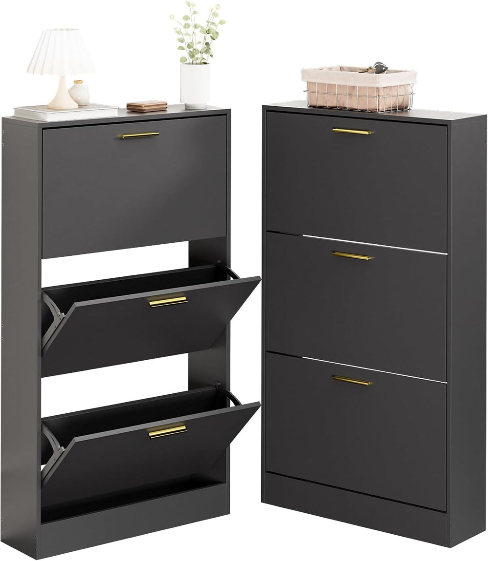 LYNSOM Modern Entryway Shoe Cabinet with 3 Flip Drawers and Top Display, Blac...