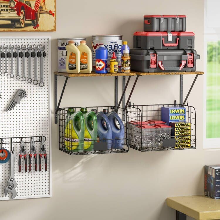 ThreeHio 2 Pack Garage Shelves Wall Mounted with Wire Storage baskets, Heavy ...