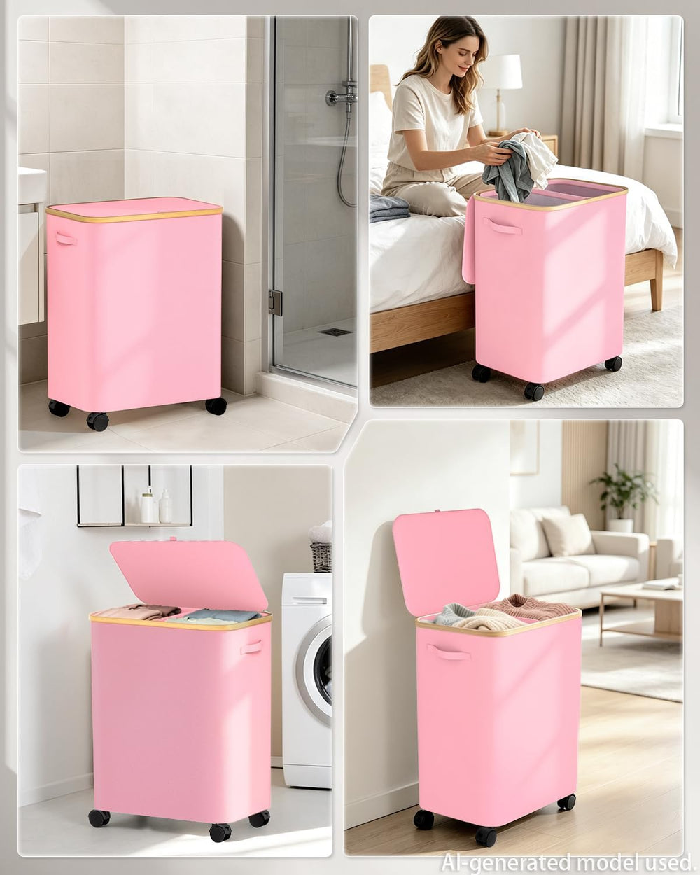 Double Laundry Basket with Wheels and Lid, 150L Clothes Hampers for Laundry