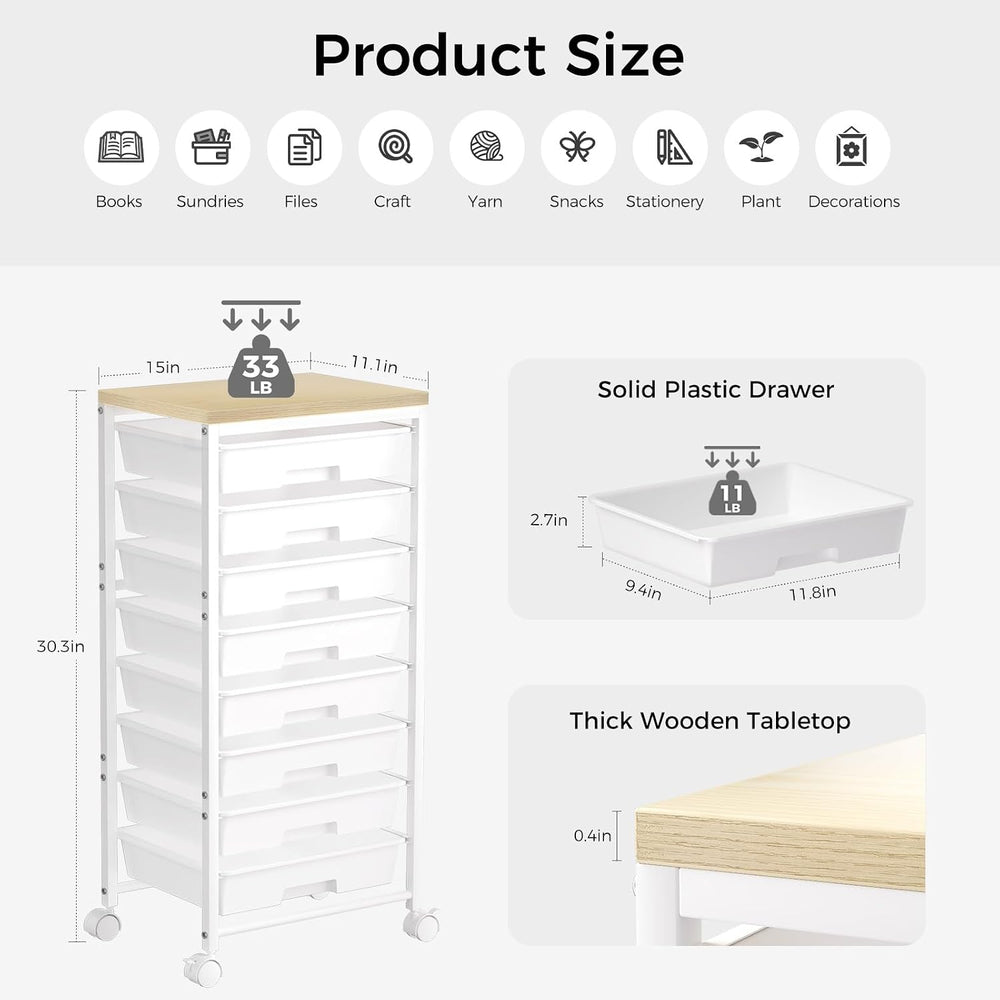 Rolling Cart with 8 Drawers, Plastic Drawer Storage Carts with Wheels & W...