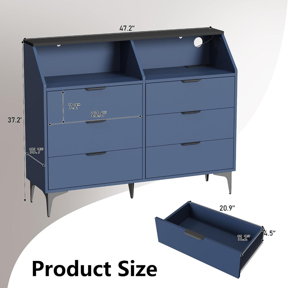 LOUVIXA 6 Drawer Dresser with LED Light, Chest of Drawers with Charging Stati...