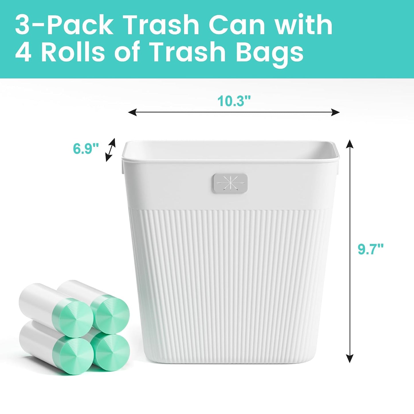 JOYMOOP Slim Trash Can 3-Pack, 2.2 Gallon Plastic Wastebasket for Bathroom, Bedroom, Office, Kitchen with 4 Rolls Bags, White