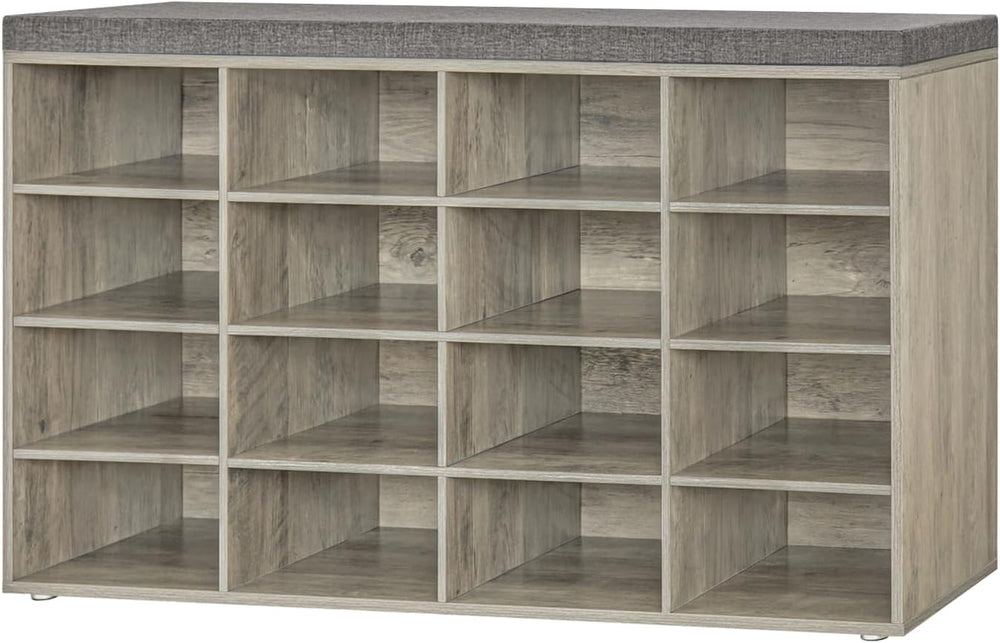 DINZI LVJ Shoe Storage Bench with Cushion, 16-Cubby Shoe Rack with Seat