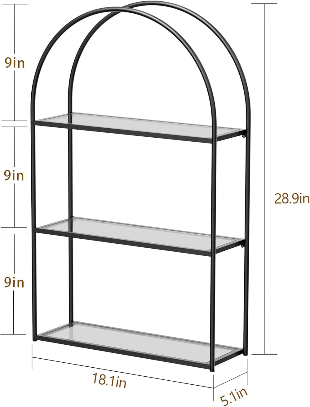 Crofy 3-Tier Arched Wall Shelf with Black Frame & Transparent Shelves