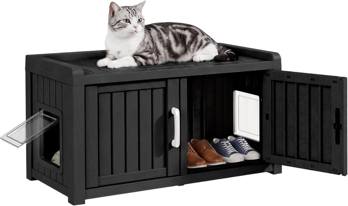 2 Doors Shoe Storage Bench with Cat Cabinet for Entryway, Hallway, Black
