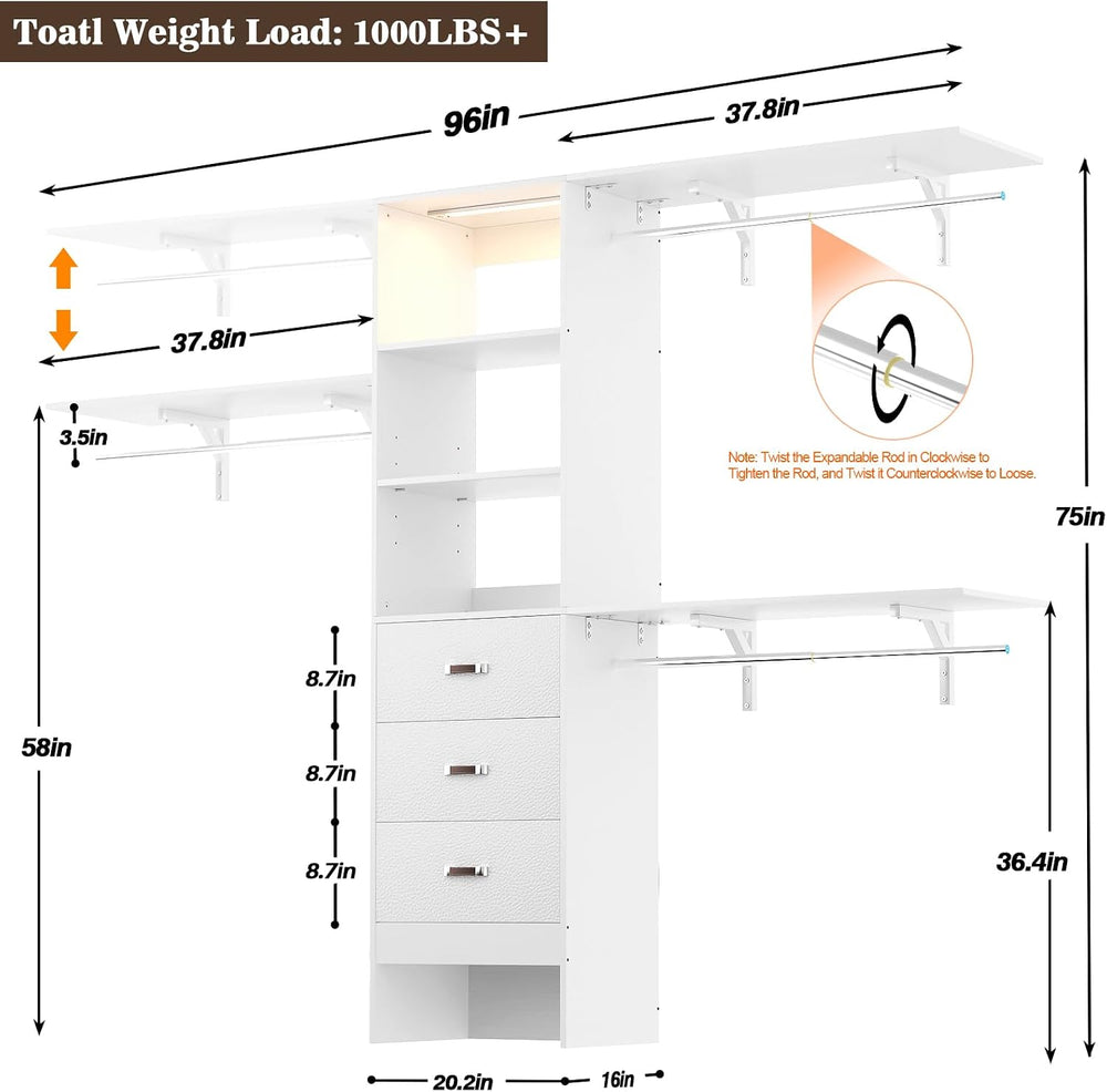 iSunirm 96" Wall Mounted Closet System with LED, Walk-In Style Wood Clos...