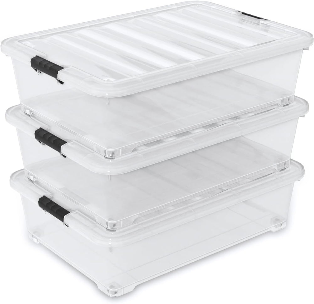 50 L Large 3 Packs Clear Plastic Under Bed Storage Container with Lid and Whe...