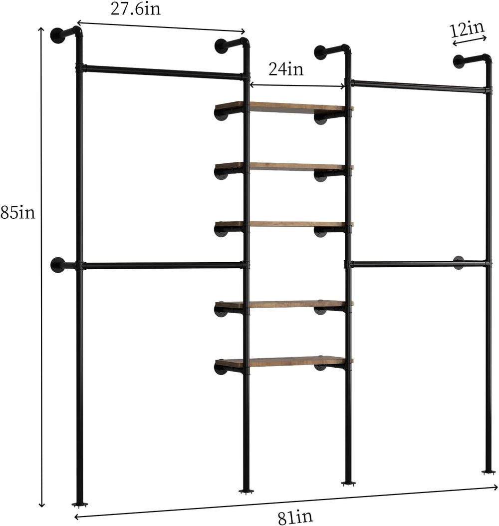 Industrial Pipe Clothing Racks with 5 Shelves, Wall Mounted Clothes Rack for ...