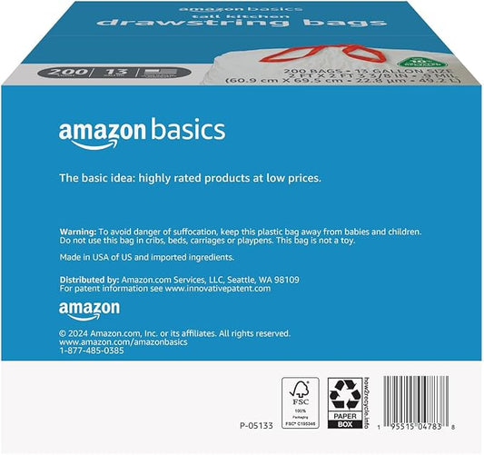 Amazon Basics 13 Gallon Tall Kitchen Drawstring Trash Bags, 10% Post Consumer - Image 2