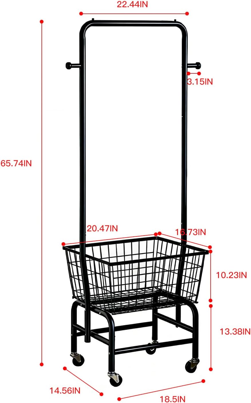Rolling Laundry Cart with Hanging Rack Metal Laundry Basket with Wheels Laund...