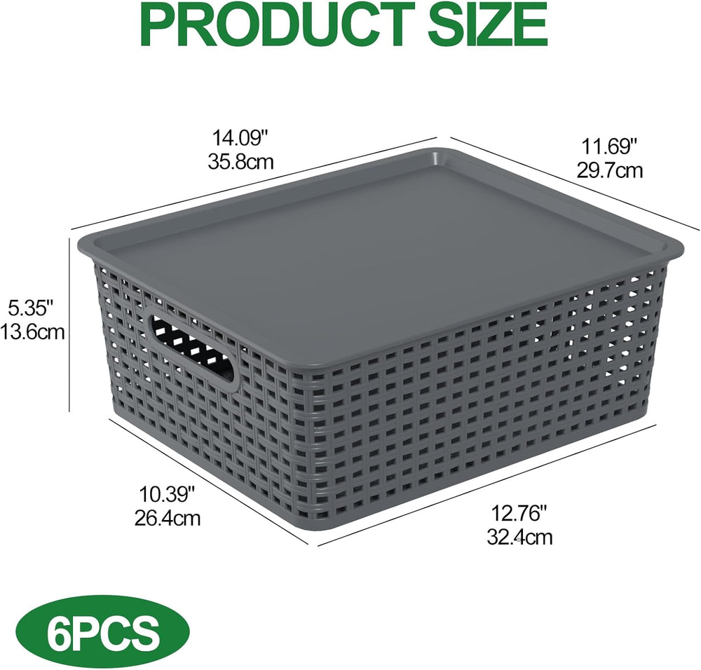 Plastic Storage Baskets with Lids, Organizer Bins, 6-Pack, Gray