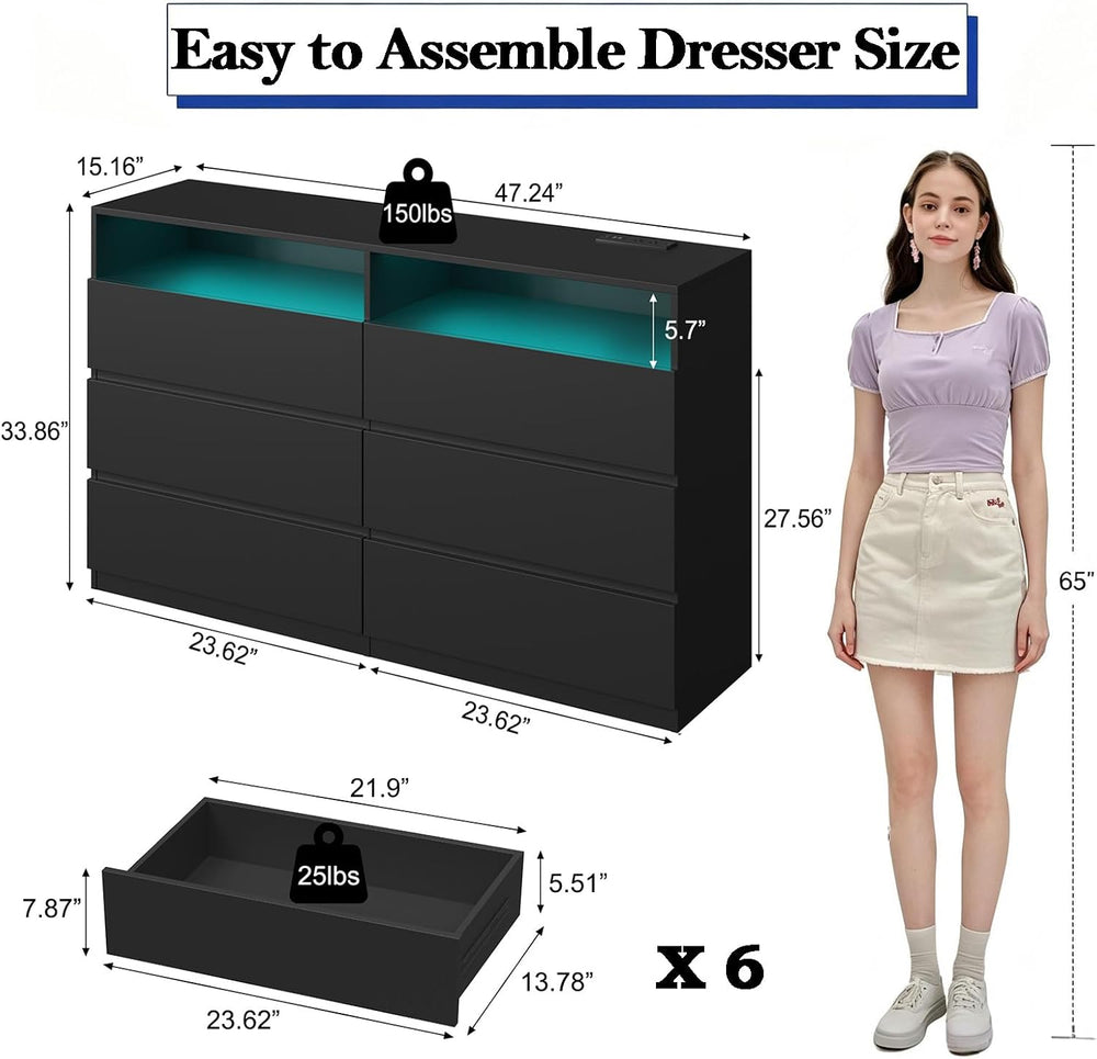 Premium 6 Drawers 2 Shelves 47"L Bedroom Black Dresser with RGB Lights