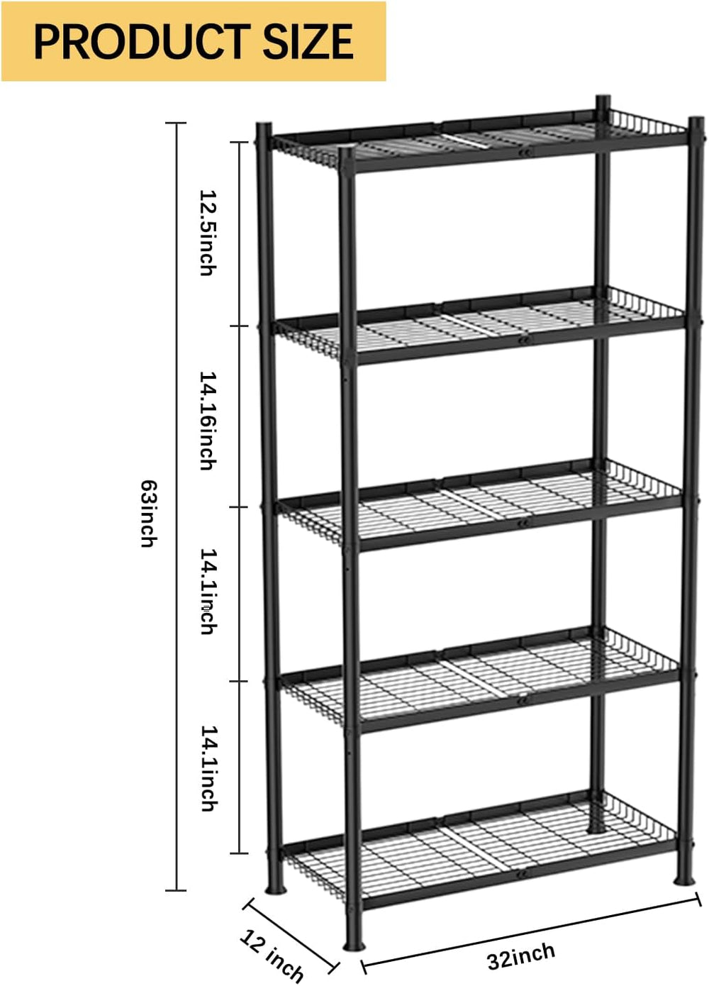 VETALLO 5 Tier Wire Shelving,Metal Shelves (32.0" W x 12.0" D x 63&...