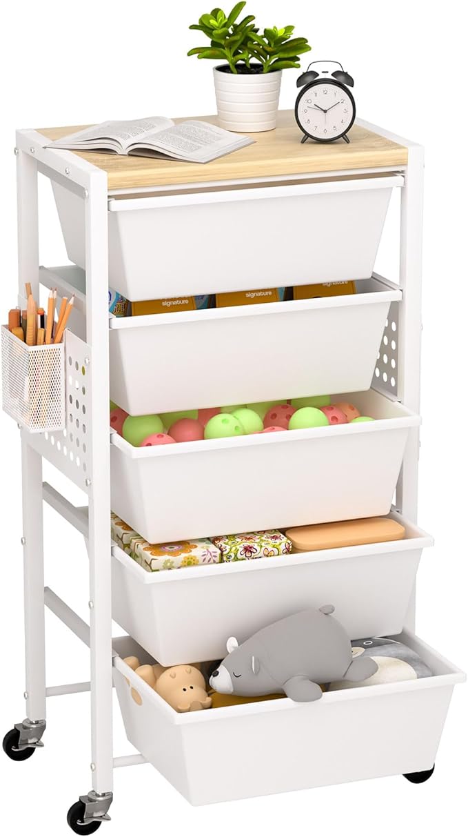 Rolling Cart with Drawers, Rolling Storage Cart with 5 Large Plastic Drawers & - Image 9