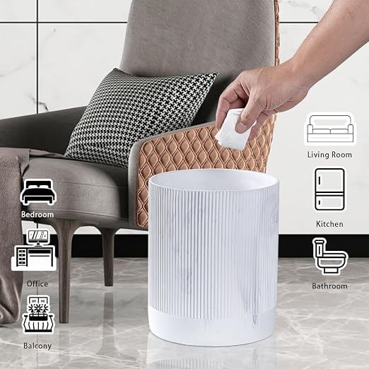 Polytree White Marble Stripe Wastebasket, Round Bathroom Trash Can 2.5 Gallon - Image 9