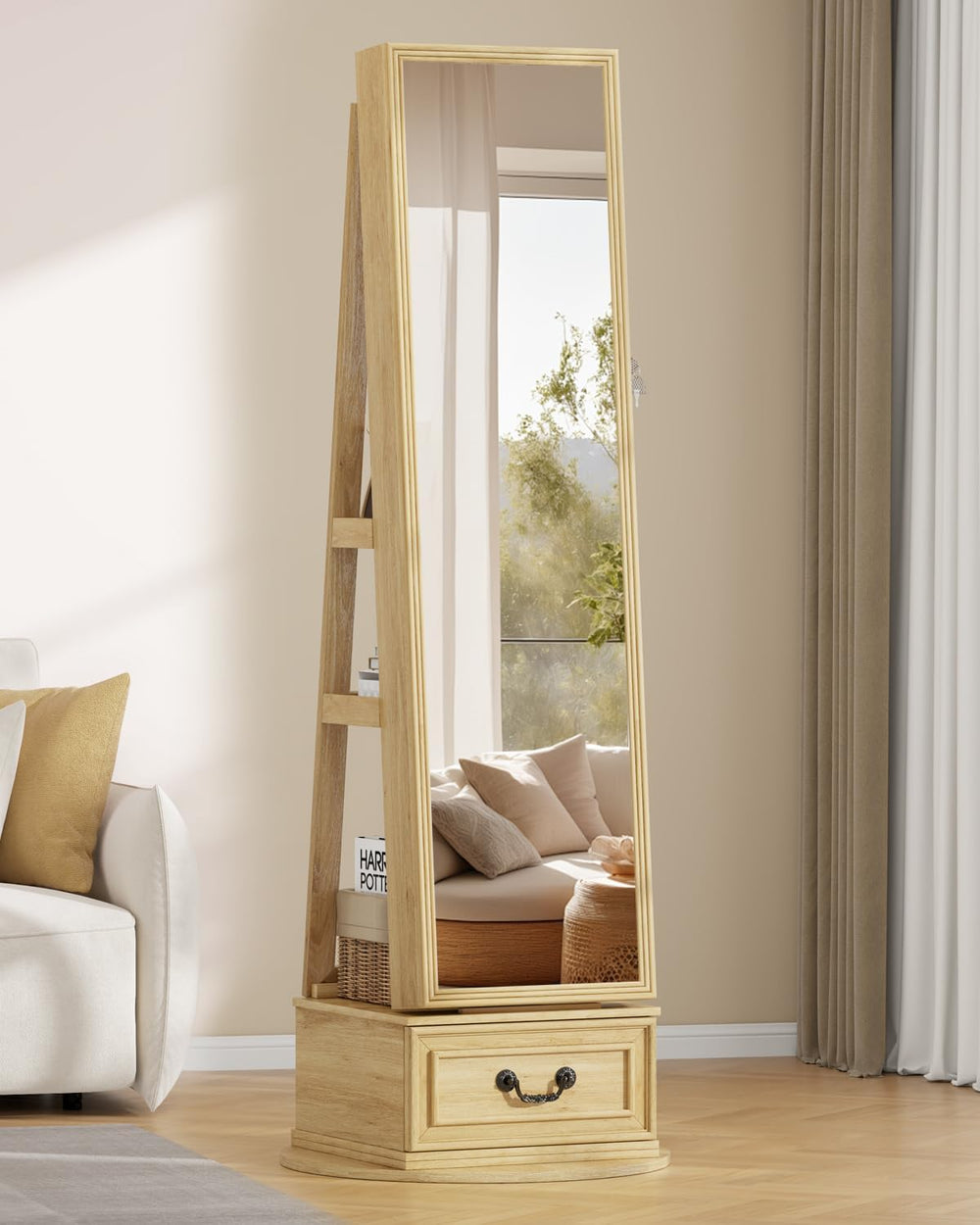 Vlsrka Mirror Jewelry Cabinet Standing with Lights, Lockable, Swivel, Wood