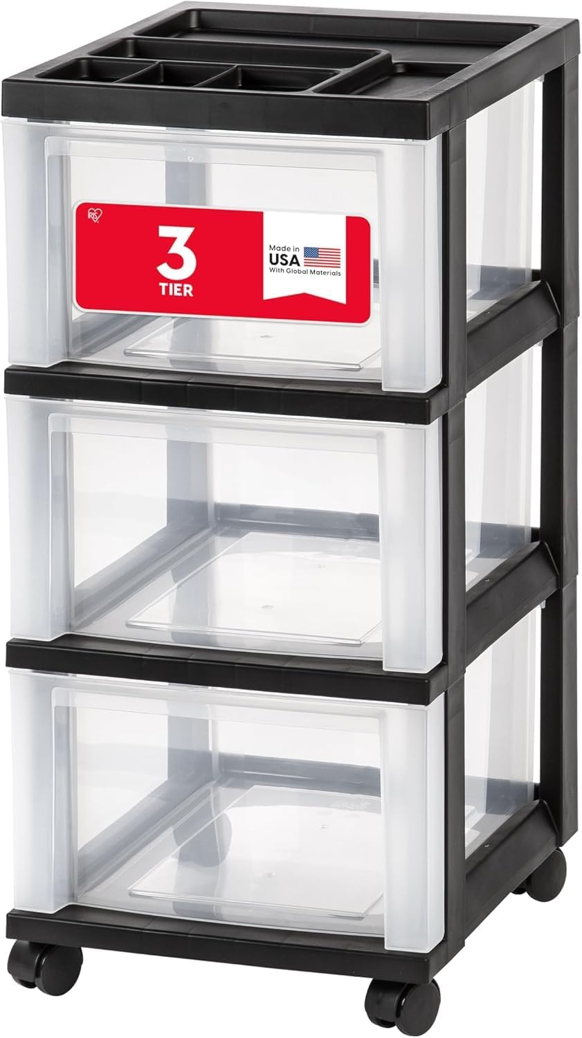 IRIS USA 3-Drawer Rolling Storage Cart, Black/Clear
