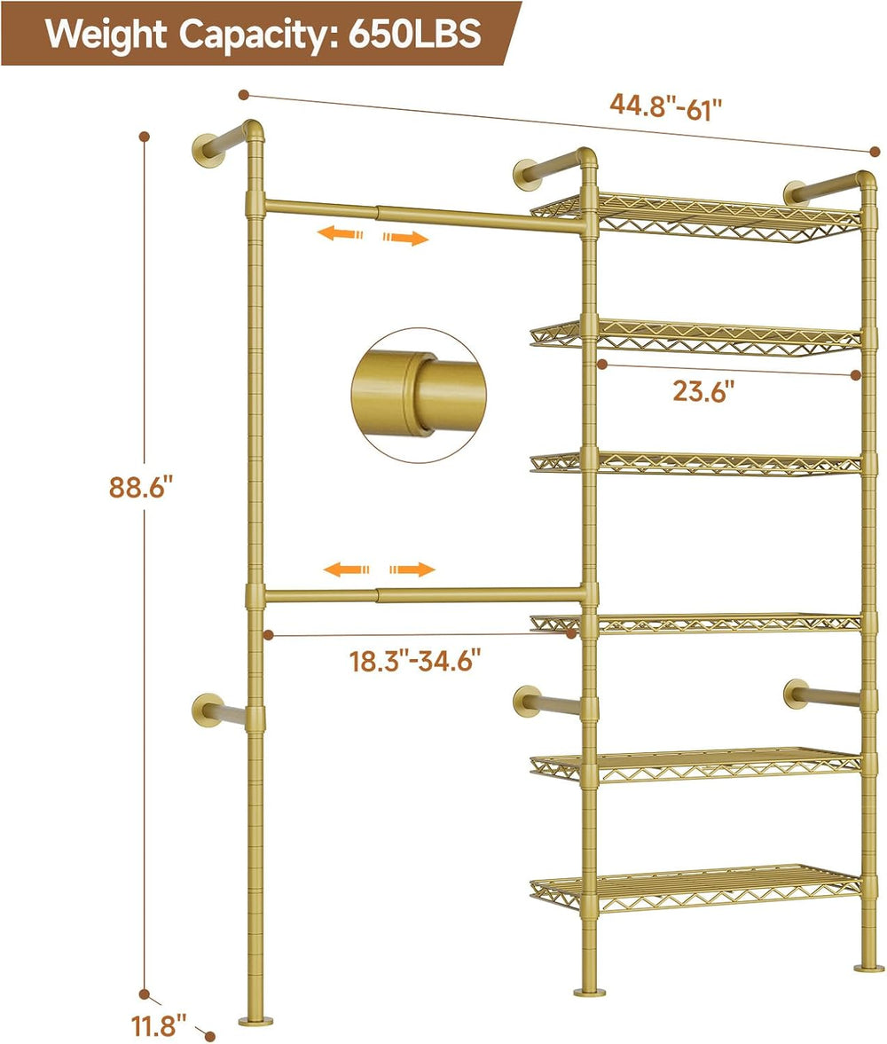 ComfyCorner Wall Mounted Garment Rack, Industrial Pipe Clothing Rack Gold