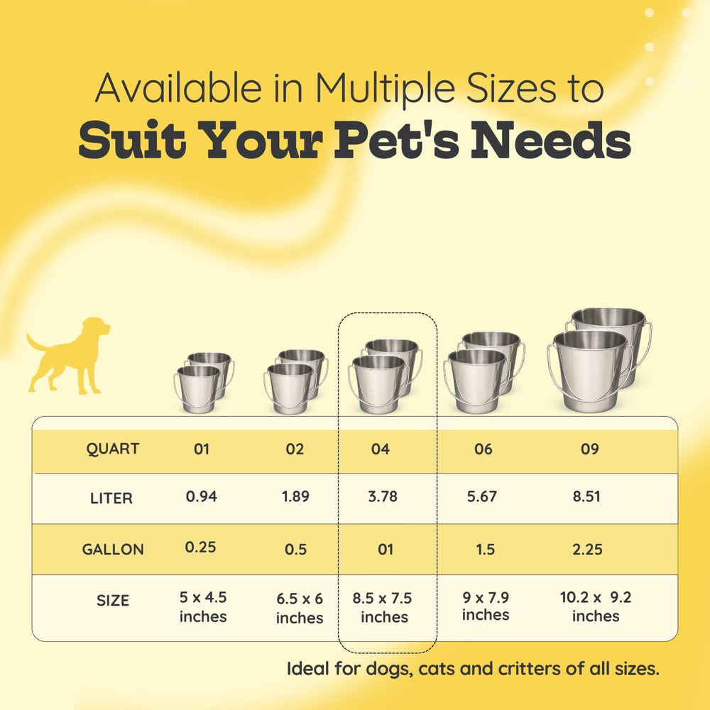 4Qt Heavy Duty Stainless Steel Water Bucket for Kennel, 2-Pack