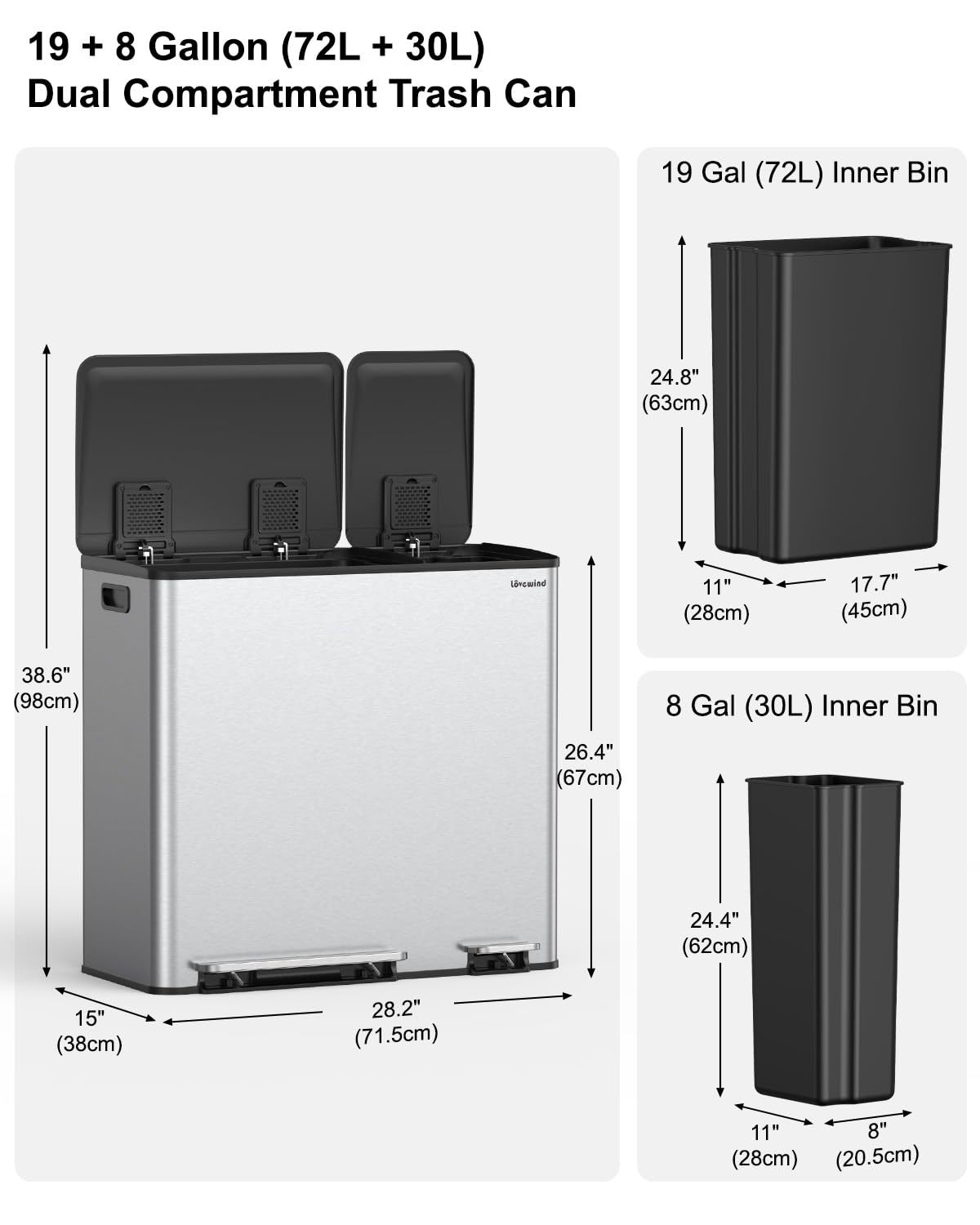 Dual Trash and Recycling Bins for Kitchen, 19+8 Gallon (72+30L) Stainless Steel Trash and Recycle Bin Combo with Soft-Close Lid, Large Garbage Cans for Kitchen Home with 2 Magnets Sticker, Silver