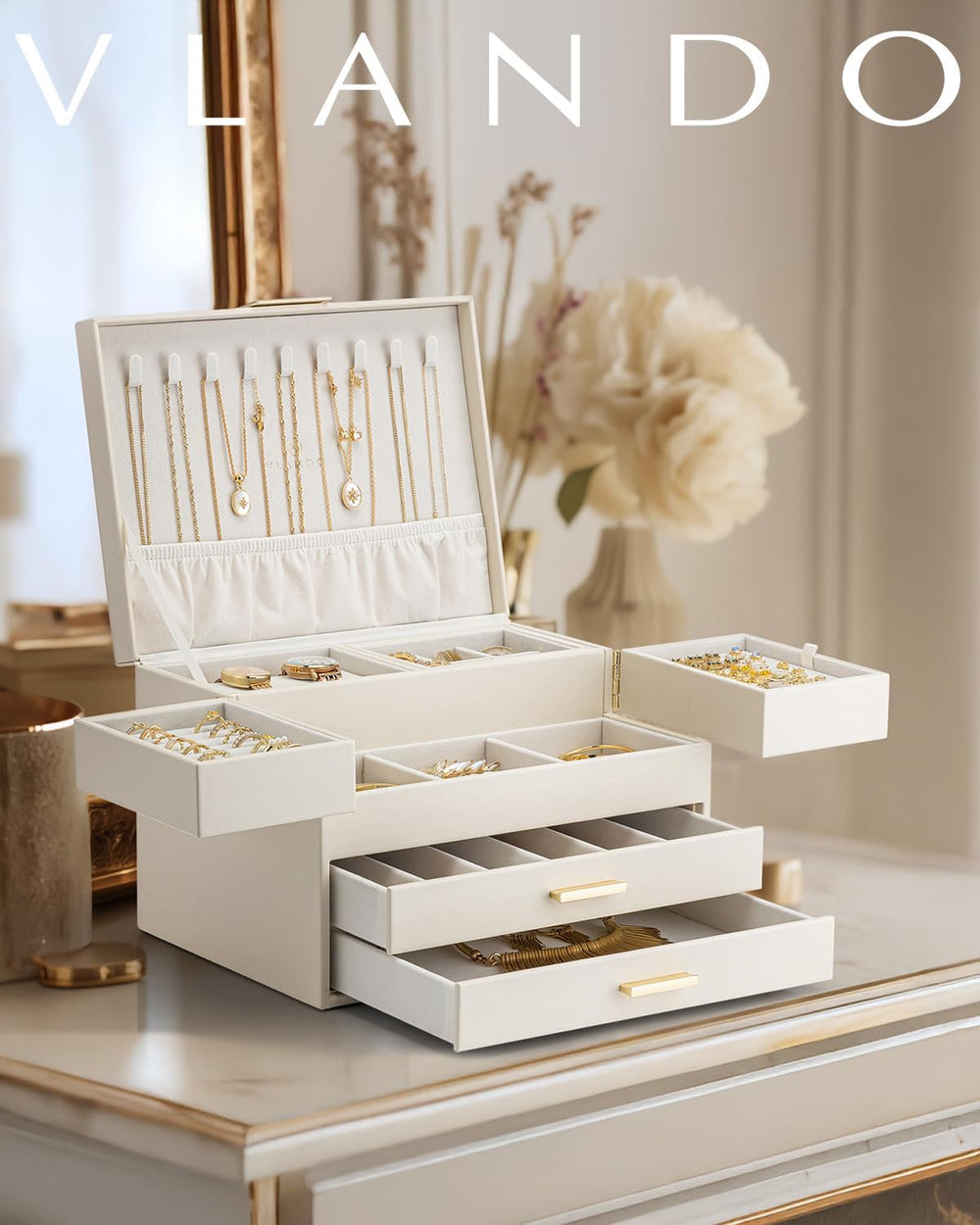 VLANDO Jewelry Box,4-Layer Design with Retractable Tray and 2 Drawers