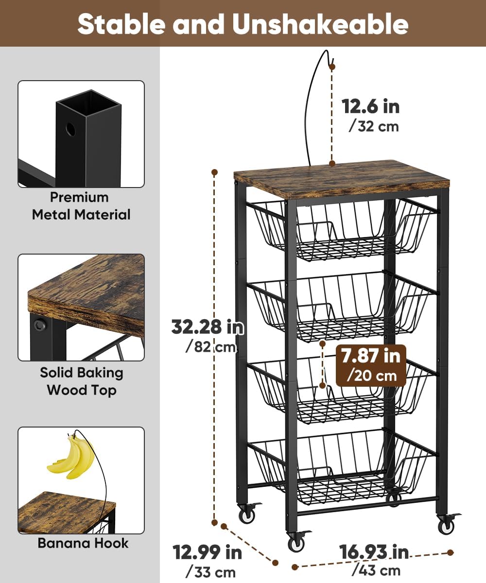 Fruit Vegetable Storage Cart for Kitchen, 5-Tier Vegetable Stand Rack with Pu...