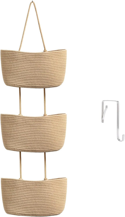 Over the Door Hanging Storage Basket 3 Tier Wall Organizer Jute Color