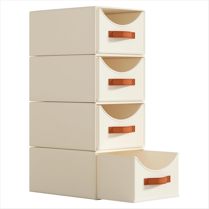 Stackable Storage Drawers - Collapsible Storage Bins with Drawers, 4 Pack Closet Shelf Organizer Basket, Fabric Pull Out Organizer for Bedroom, Living Room, Dorm, Beige