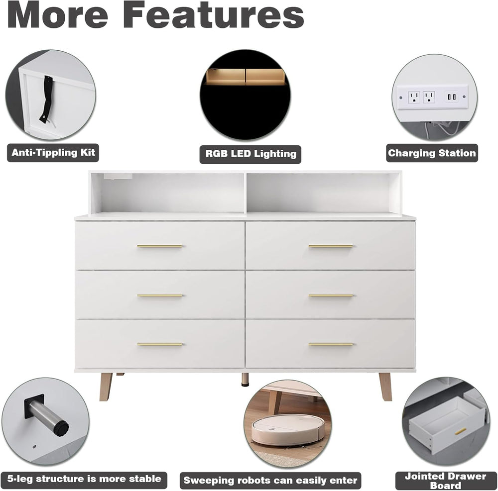 UNIQUITE 6 Drawers Dresser with LED Light and Power Outlet, Wood White Dresse...