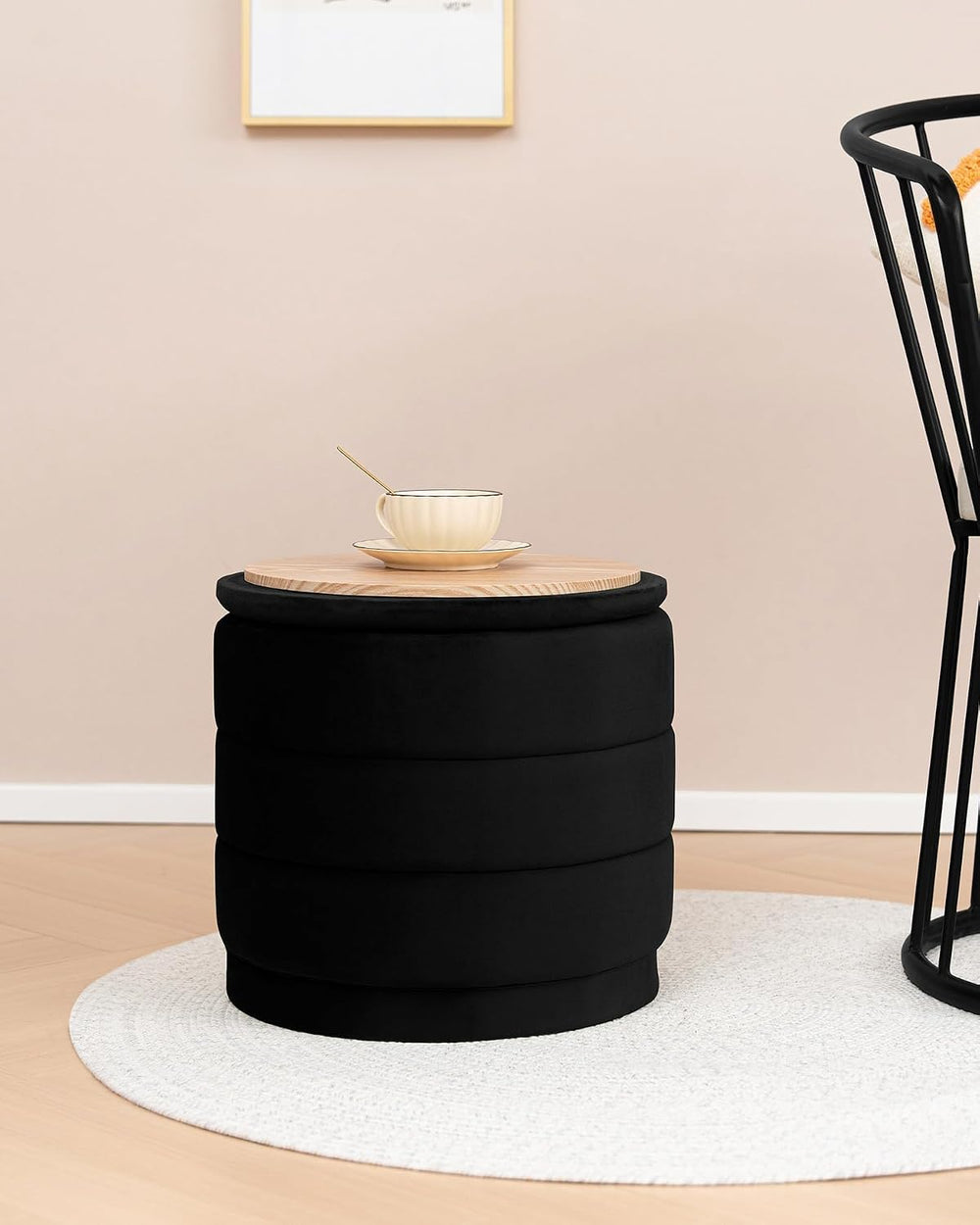 B FSOBEIIALEO 15.4" Round Velvet Storage Ottoman with Tray, Black