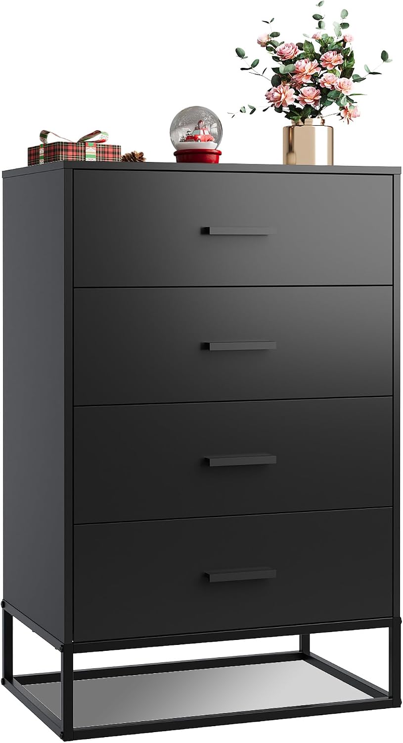 WLIVE Black Dresser for Bedroom with 4 Drawers, Tall Dresser with Sturdy Meta...