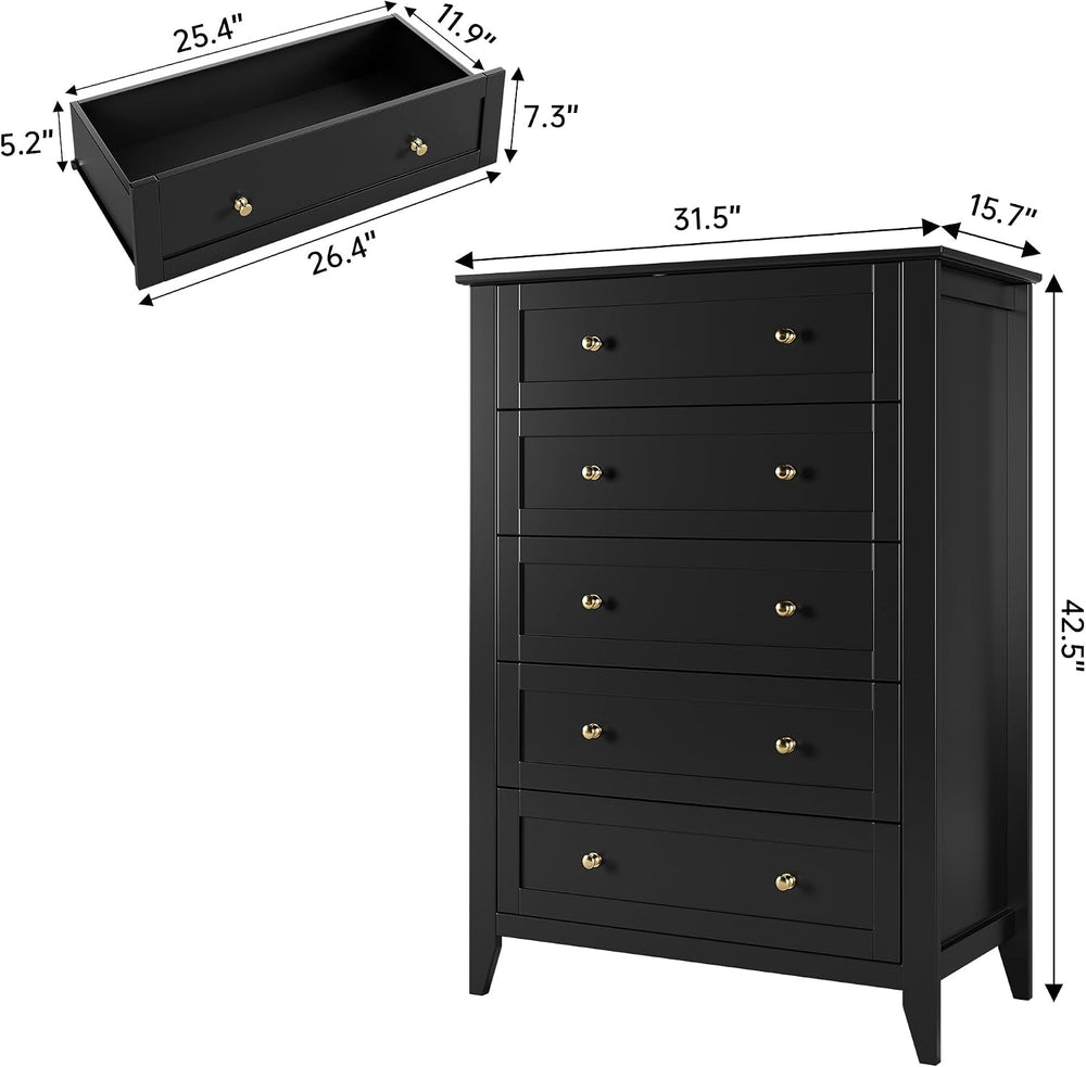 GarveeHome 5 Drawer Dresser for Bedroom, Black Dresser with Deep Drawers &...