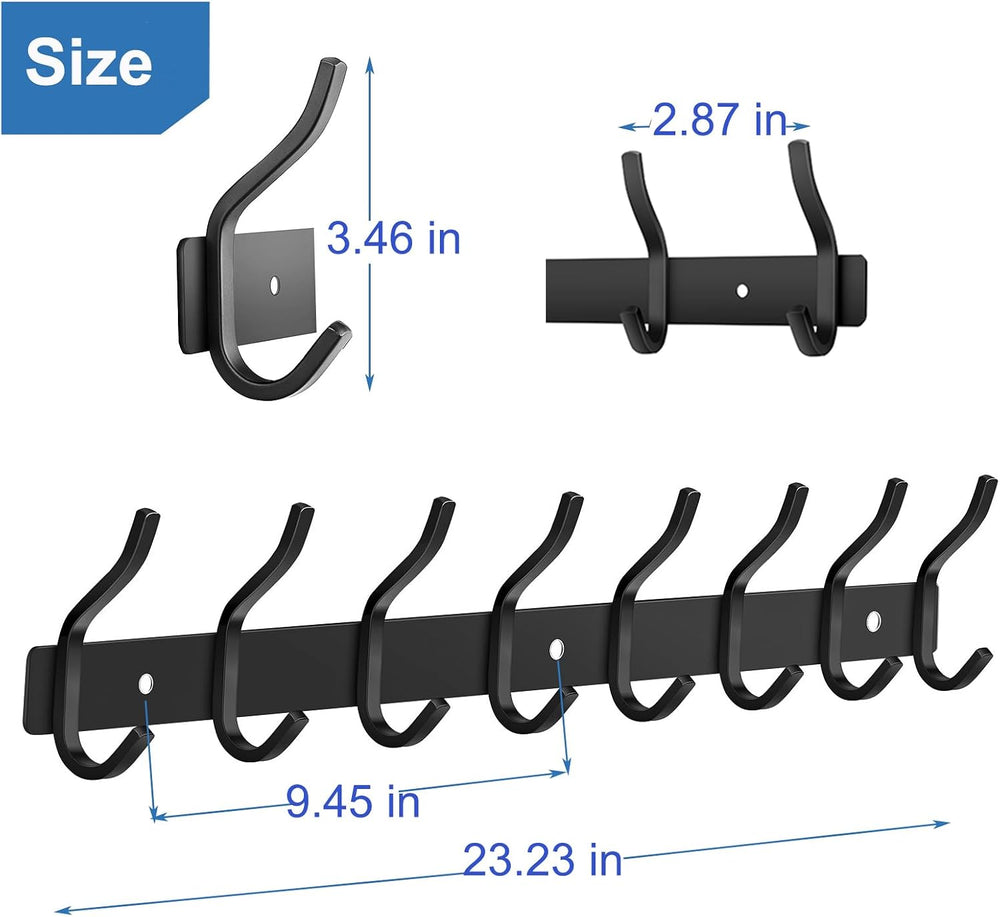 23 Inch Coat Rack Wall Mount with 8 Hooks, Black Wall Hooks, 2 Pack