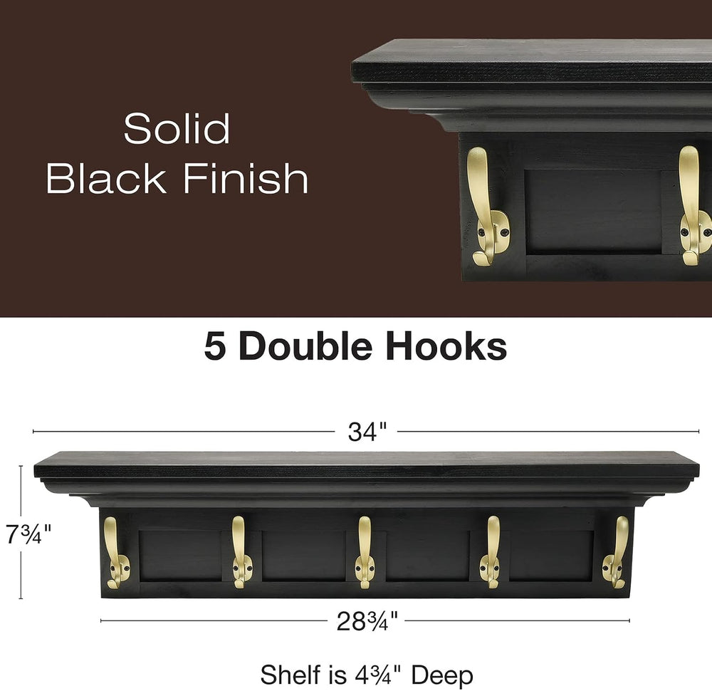 EXCELLO GLOBAL PRODUCTS Black 34" Coat Rack with 5 Gold Hooks: Ready to ...