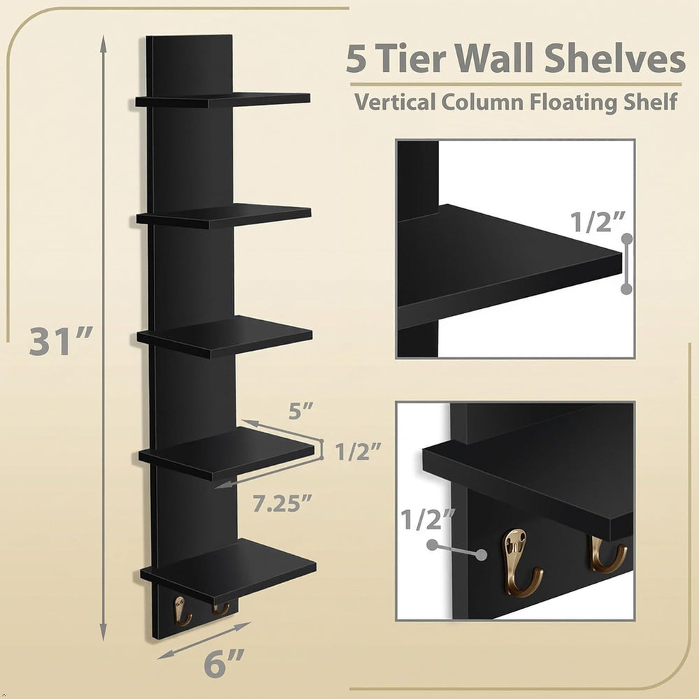 Sorbus 5-Tier Floating Wall Shelf with Hooks, 31 Inch (2 Pack, Black)