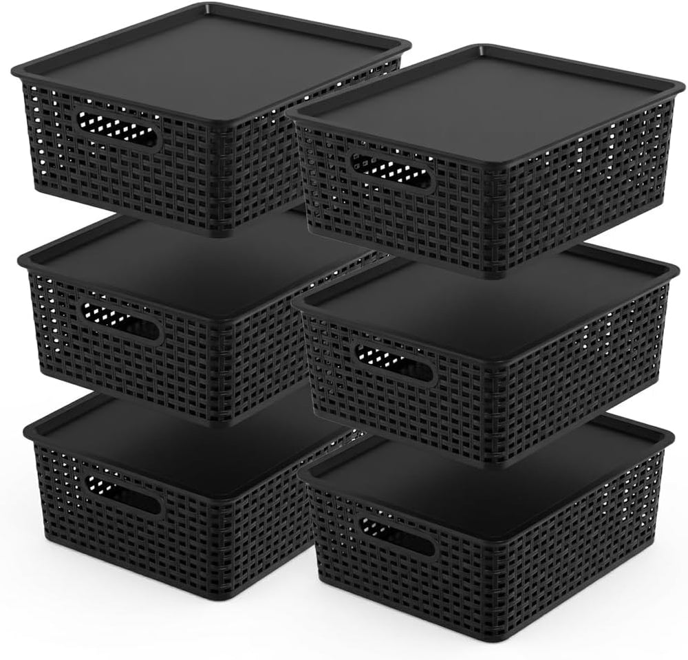 13 Quart Stackable Flat Plastic Storage Basket with Lid, 6 Packs