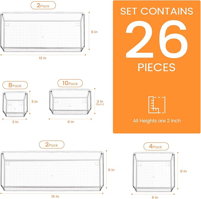 Criusia Drawer Organizer, 26 Pack Clear Plastic Drawer Organizer Bins,