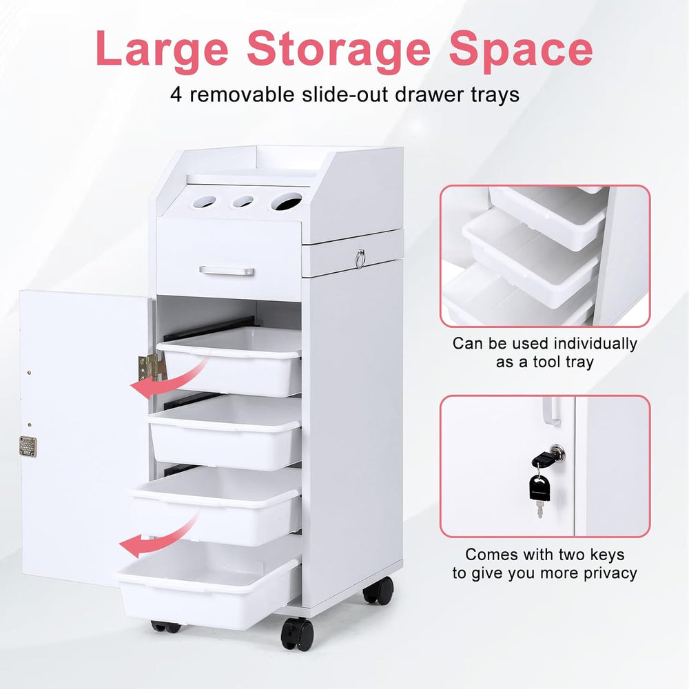 Winado Salon Trolley Cart with 4 Trays, 3 Hair Dryer Holders, White