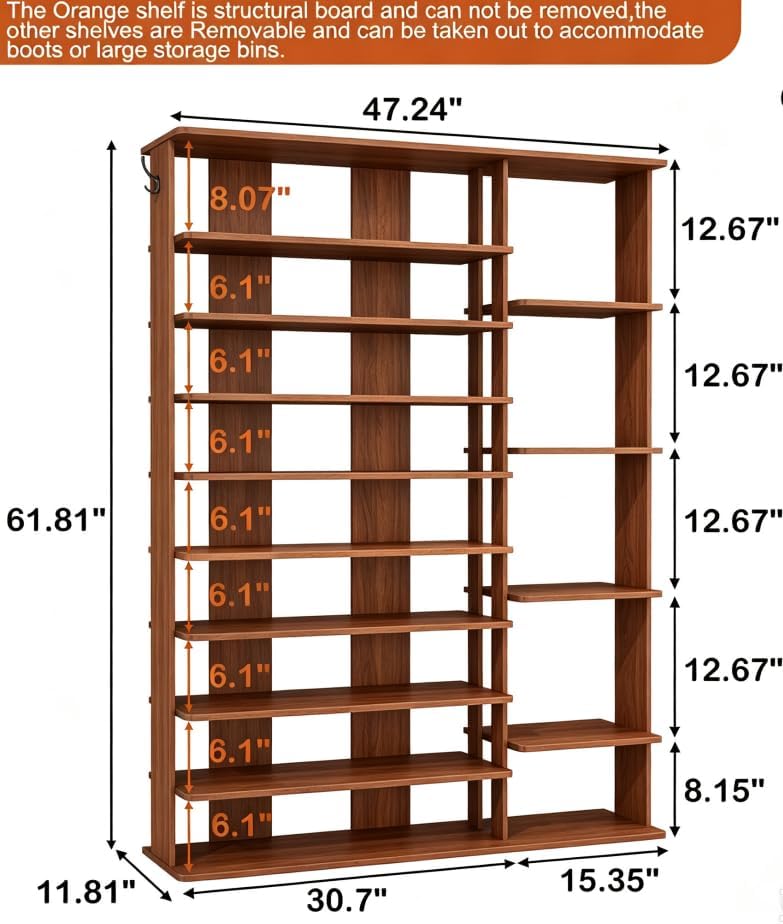 HOMEFORT 10 Tiers Shoe Rack, 50 Pairs Large Shoe Shelf, 61.8" Tall Shoe ...