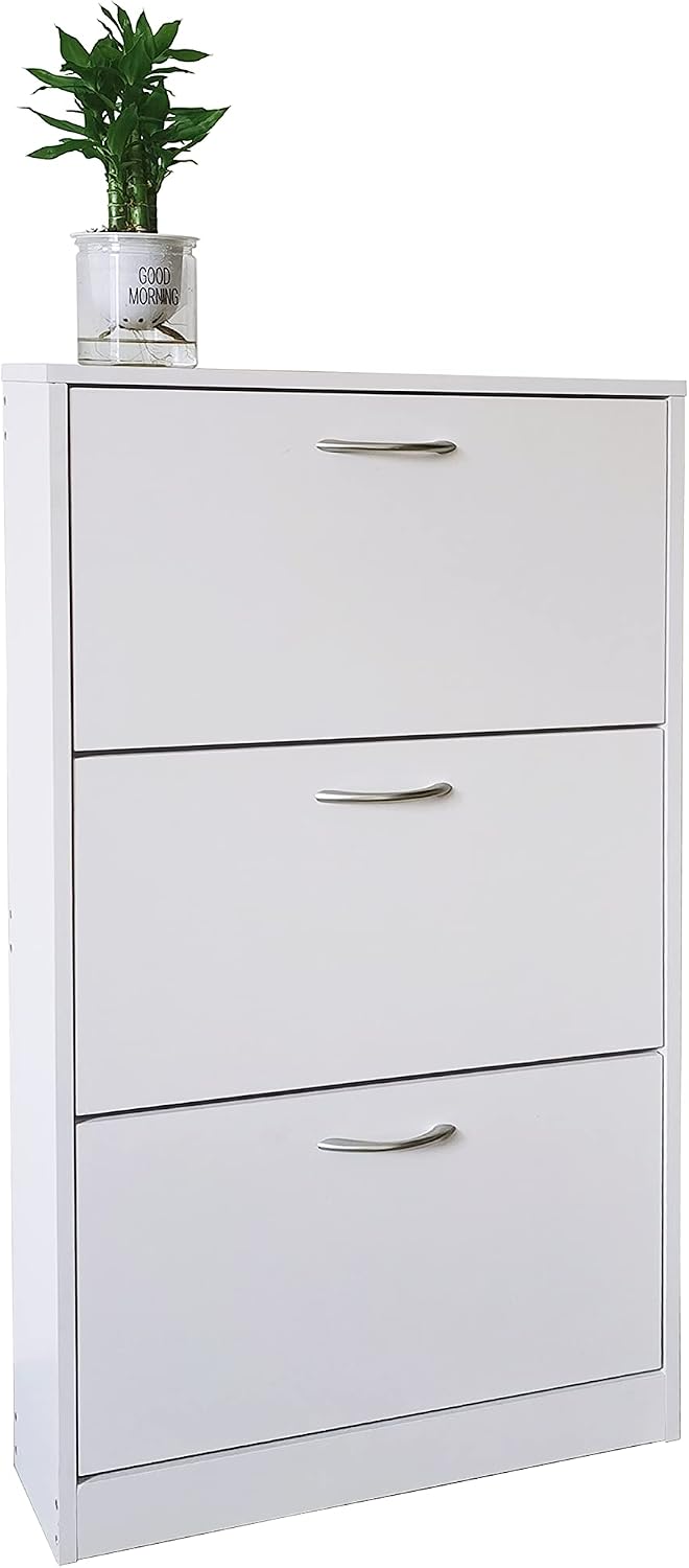 Karl home White Narrow Entryway Shoe Cabinet, 3 Flip Drawer Shoe Rack