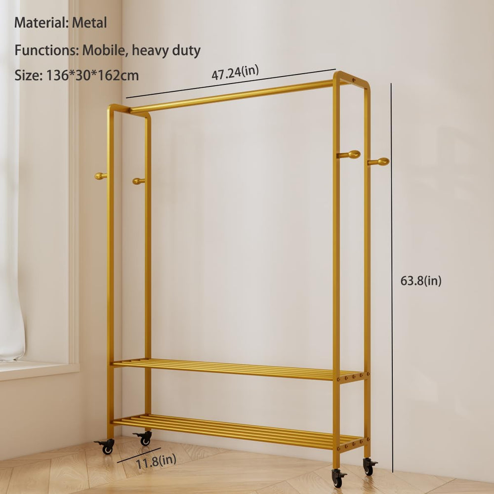 Gold Rolling Garment Rack with Shelves and Hooks,Freestanding Metal Clothing ...
