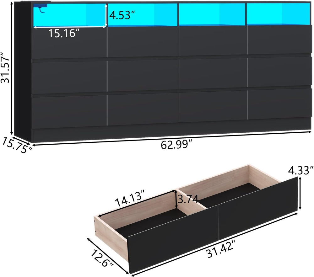 63" 6-Drawer Dresser with Divided Compartments, Power Outlet & LED L...