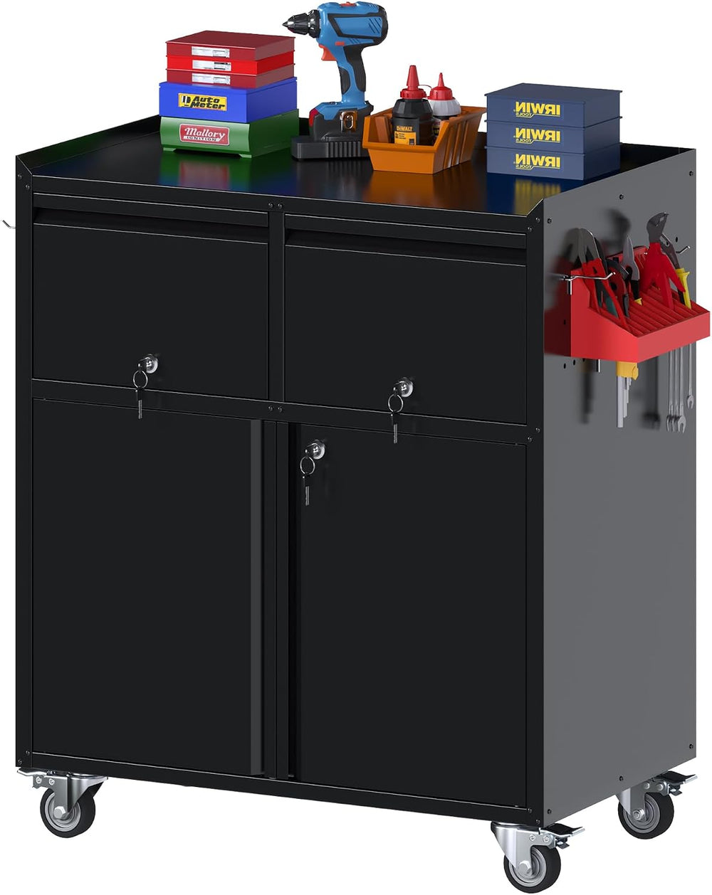 Aobabo Rolling Metal Garage Cabinet with 2 Drawers, Lock and Pegboard