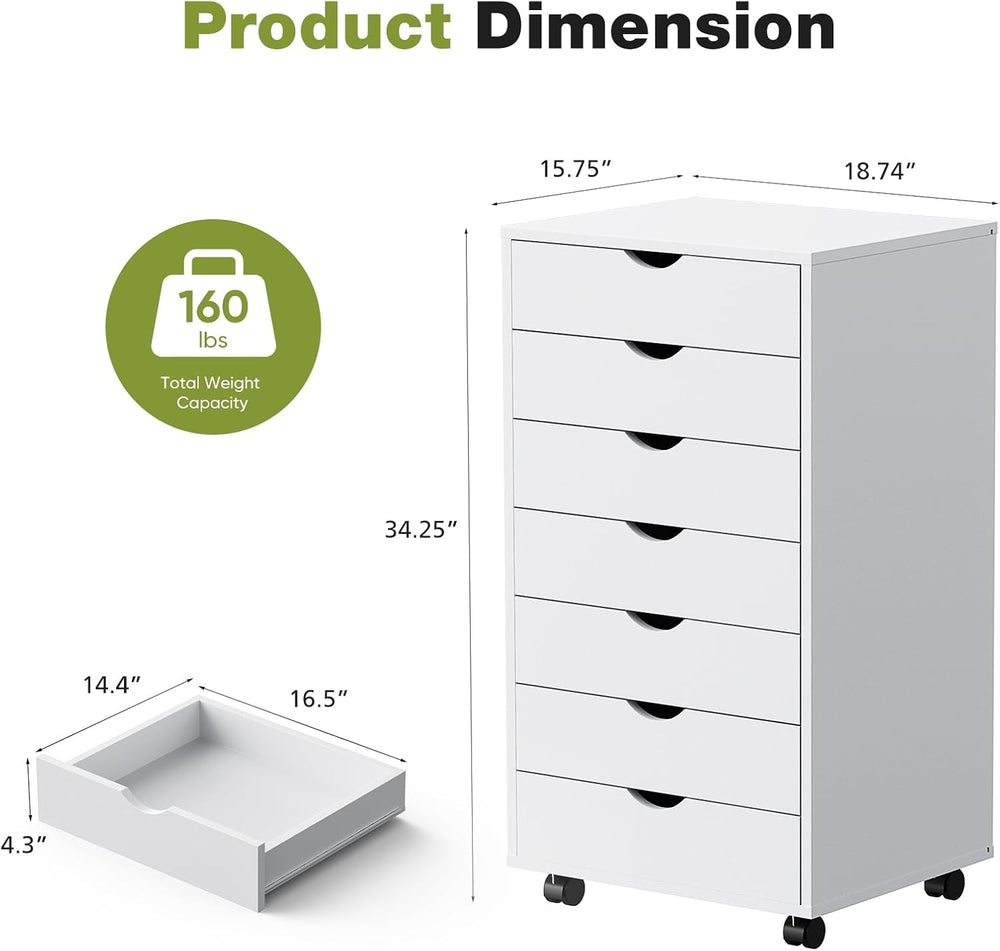 Sweetcrispy 7 Drawer Rolling Storage Cabinet, Wood Under Desk Mobile Dresser ...