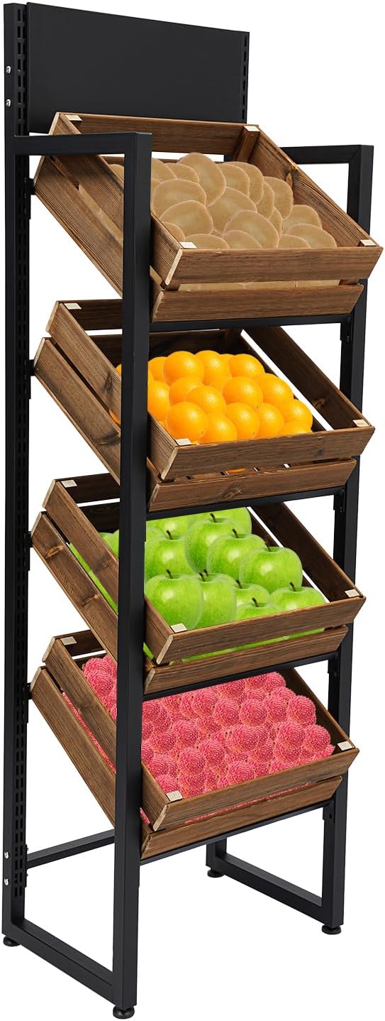 Market Retail Display Rack, 4-Tier Wood Fruit and Vegetable Storage Rack Reta...