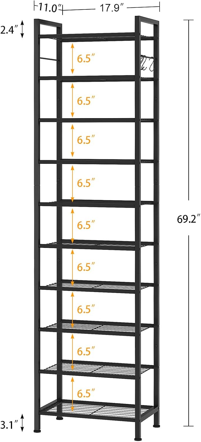 usikey 10 Tiers Narrow Shoe Rack 20-30 Pairs, Sturdy Metal Tall Shoe Rack She...