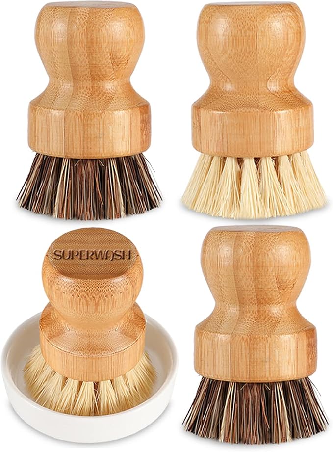 Bamboo Scrub Brush Clean Pan, Dish and Vegetable, Natural Bristles Palm Pot - Image 8