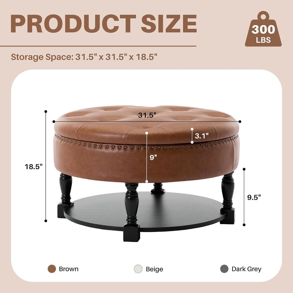 31.5 Inch Round Storage Ottoman Coffee Table with Shelf, PU Brown