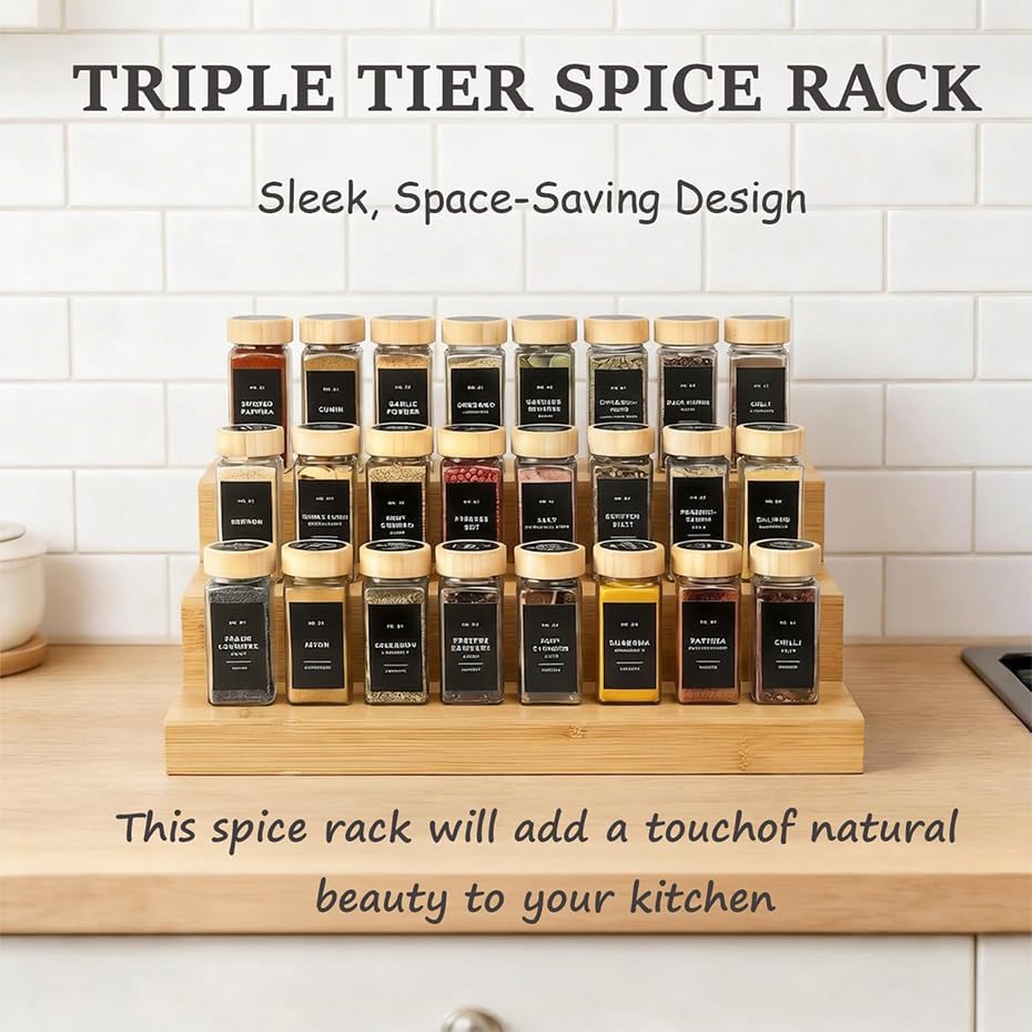Bamboo 3-Tier Step Spice Rack 2-Pack, Countertop & Cabinet Shelf